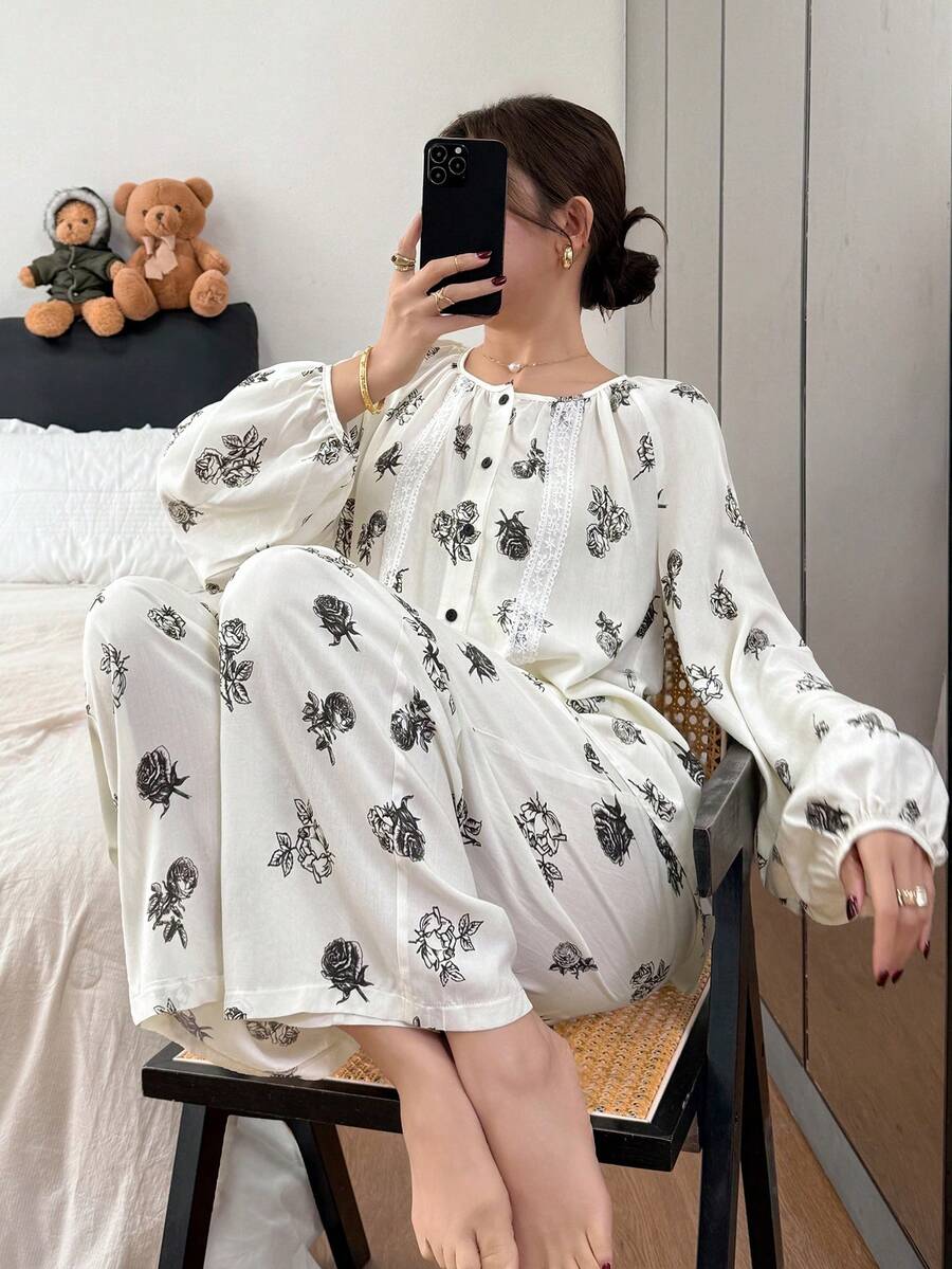 DAZY Conjunto de pijama feminino com estampa floral e mangas bufantes. - Branco - Ver 1