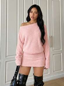 SHEIN EZwear Women's Casual Solid Color Batwing Sleeve Mini Dress - Pink - View 4