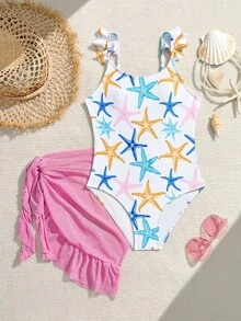 SHEIN 少女两件套海星印花连体泳衣带罩裙，夏季海滩度假 - 彩色 - 查看 3