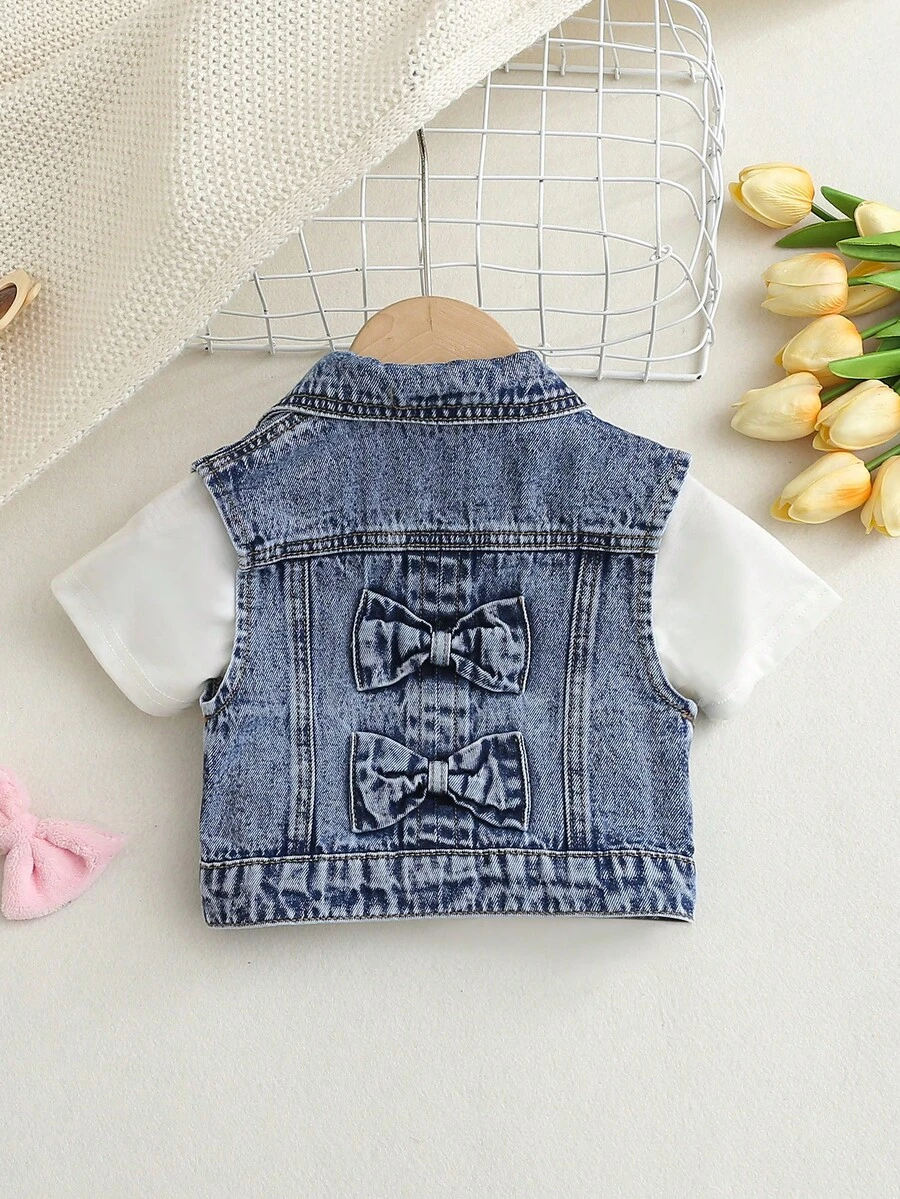 Spring & Summer New Arrival Young Girl Denim Vests & Jackets, Children Sleeveless Coats With Bow Design, Loose Fit Casual Denim Jackets, Suitable For Daily Outings, School, Commuting, Parties, Home, And Festivals - Medium Wash - View 1