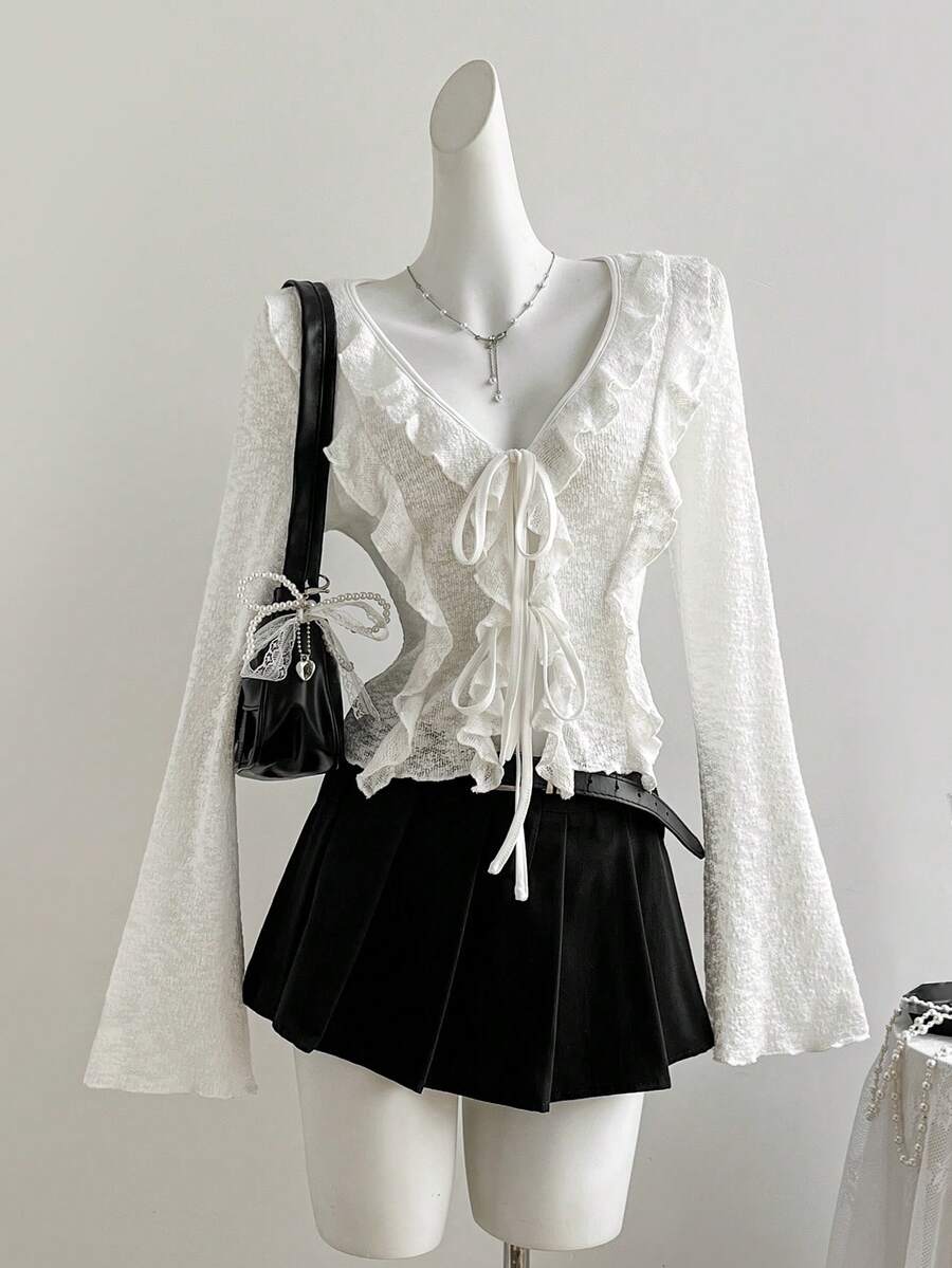 Sweetra 女士性感万圣节服装、感恩节上衣、新年服装，适合春季、秋季、冬季、派对、通勤、日常、旅行、假日穿着，女士性感白色修身V领荷叶边开衫 - 白色 - 查看 1