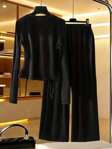 Modelyn رمضان طقم ملابس علوية وبنطلون طويل الأكمام محبوك مرن ناعم مريح للاستخدام اليومي، خصر مطاطي مخفف للحجم الكبير، مجموعة من قطعتين - الأسود - مشاهدة 2