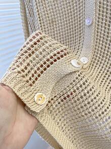 Franclia Casual Loose V-Neck Long Sleeve Hollow Knit Button Design Apricot Women Cardigan, Lightweight For Spring/Summer - Apricot - View 5