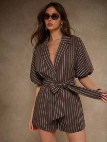 COSMINA Women's Brown Striped Jumpsuit With Tie V-Neck Shirt Style Casual Jumpsuit, Elegant For Commuting And Vacation, Minimalist Design - Brown - View 5