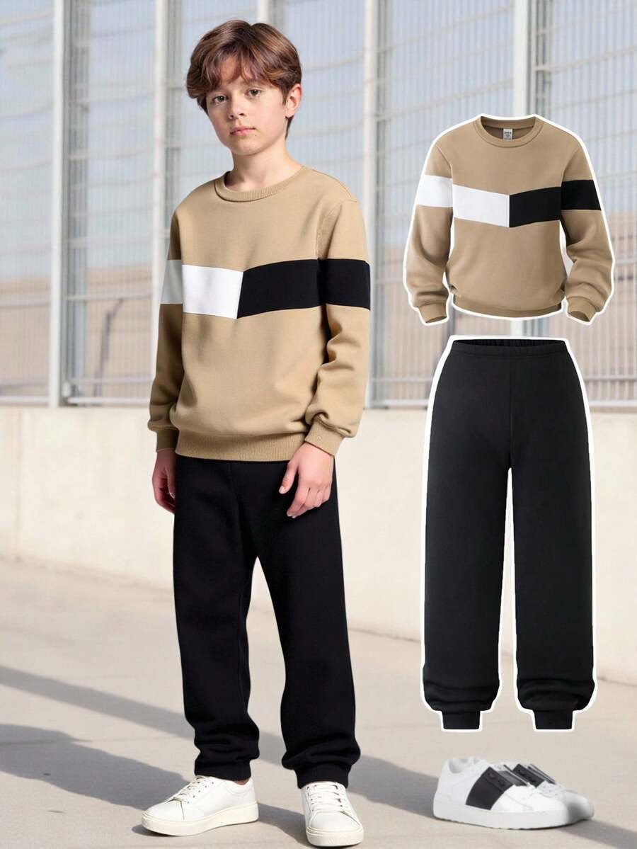 SHEIN Bộ áo hoodie vải nỉ chắp vá phong cách đại học thường ngày cho bé trai, thích hợp mặc hàng ngày, trở lại trường, khuôn viên trường, mùa thu/đông - Nhiều màu - Xem 1