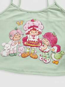 Strawberry Shortcake | ROMWE Women's Fashionable Cartoon Pattern Cropped Slim Fit Cami Top, Summer - Green - View 2