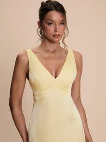 SHEIN BAE Đầm satin dáng đuôi cá màu vàng bơ, hở lưng, buộc dây, ôm sát, kiểu dáng thanh lịch, thích hợp cho bữa trưa, phù dâu, tiệc tùng, các dịp trang trọng, sinh nhật, ngày Valentine. - Màu vàng - Xem 5