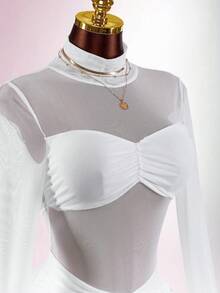 Amplova 女士秋季时尚长袖褶皱修身迷你连衣裙 - 白色 - 查看 6