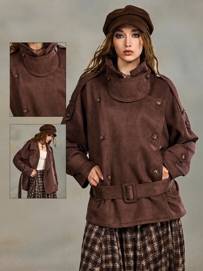 Giacca antivento corta in stile retrò francese, con colletto in finta pelliccia e chiusura doppio petto con cintura