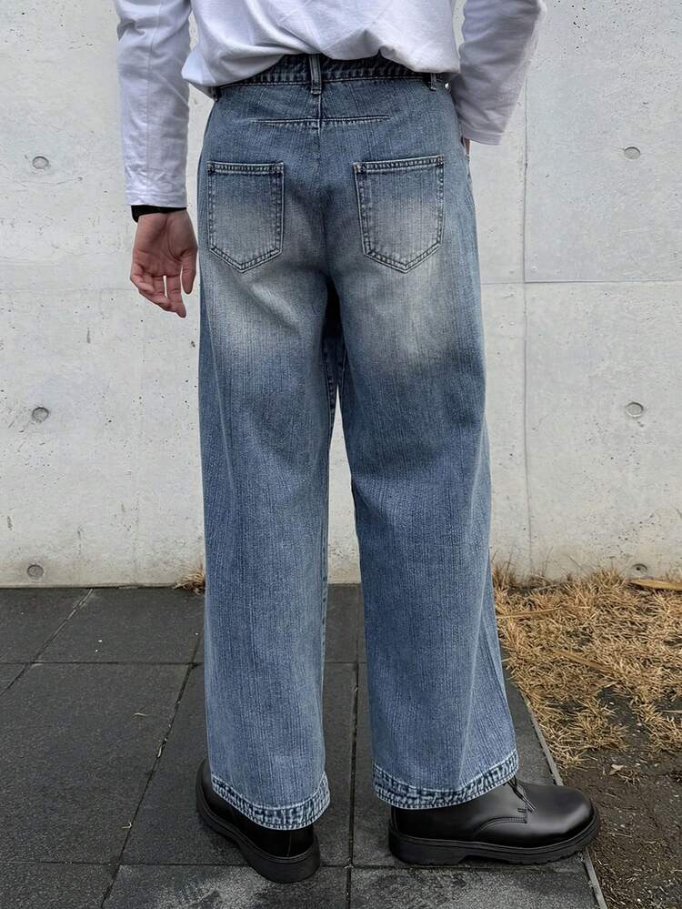 Men's Distressed Washed Blue Denim Jeans, Autumn