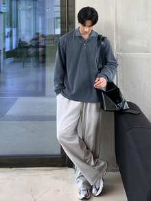 DAZY 男士休闲百搭长袖蓝色Polo衫，春季 - 藍色 - 查看 4