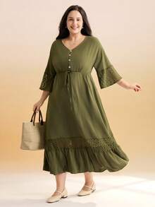 Momelise 大码V领纽扣蕾丝拼接抽绳A字型长连衣裙，纯色，春夏款 - 軍綠色 - 查看 5