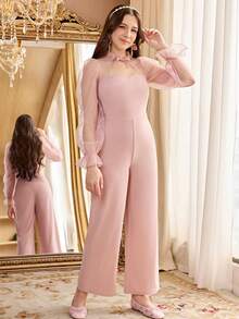 少女优雅高领网纱拼接纯色灯笼袖连体裤 - 藕粉色 - 查看 4