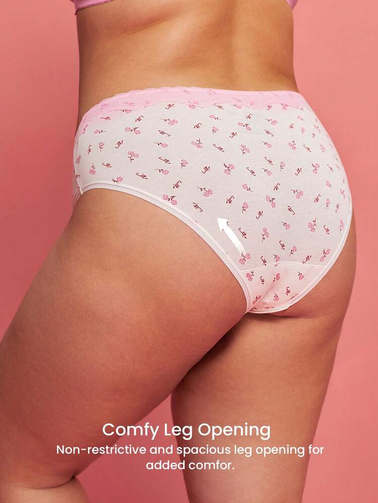 Plus 3-Pack Soft Cotton Basic Floral Print Lace Trim Mid-Waist Underwear Briefs