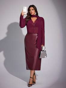 Maweii Plus Size Women's New Elegant Party & Casual Commute Chic Purple Glossy Leather Midi Skirt With Deep V-Neck Design, Ribbon Decor, Button Accent, Sheer Top, Waist Cinching Design For Slimming Effect, Women's Outgoing & Commute Versatile 2-Piece Set - Purple - View 4