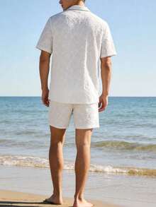 Manfinity Homme 2pcs Men's Fashion Casual Set,White Solid Color Patterned Polo Shirt+Drawstring Shorts,Summer Vacation Holiday,Suitable For Spring Daily Wear,Camping - White - View 2