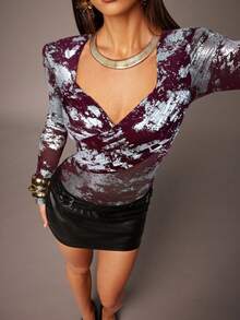 Silquee 秋冬季修身性感透视连体衣，黑色底金色花卉印花，适合万圣节、派对、约会、夜店、圣诞节、情人节、高端活动等场合。 - 酒紅色 - 查看 5