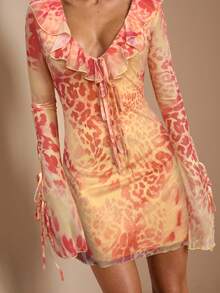 SHEIN BAE Đầm ngắn ôm sát người nữ họa tiết da báo ombre cổ chữ V sâu, buộc dây phía trước, tay bồng, thích hợp cho mùa xuân/hè. - Màu vàng - Xem 6