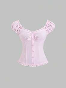 Sweetra Women's New Stylish Pink Striped Puff Sleeve Frill Trim Fitted Blouse, Spring/Summer, Suitable For Dates And Casual Outings - Baby Pink - View 3