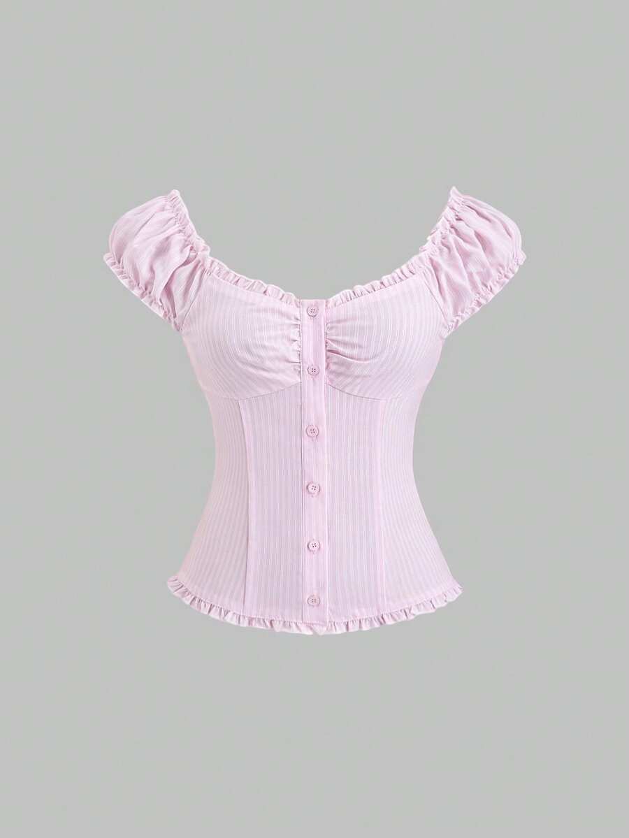 Sweetra Women's New Stylish Pink Striped Puff Sleeve Frill Trim Fitted Blouse, Spring/Summer, Suitable For Dates And Casual Outings - Baby Pink - View 1