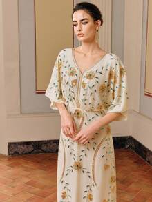 Anewsta Apricot Elegant Handmade Embroidery & Beaded Dress - Apricot - View 6