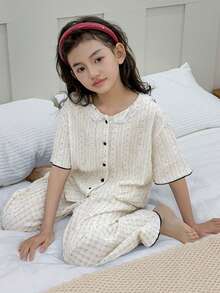 DAZY Tween Girl Leaf Print Single-Breasted Short Sleeve Top And Wide Leg Pants Casual Loungewear Set - White - View 6