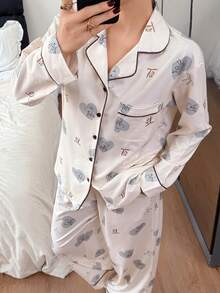 DAZY 爱心熊印花女士睡衣套装 - 米色 - 查看 3