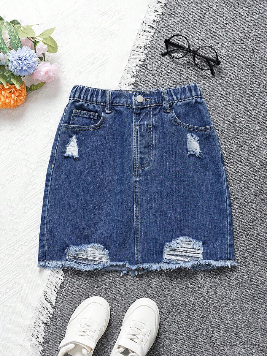 SHEIN ChillGRL Denimly 女孩时尚舒适百搭日常户外休闲牛仔裙，松紧腰，拉链闭合，破洞裙摆，毛边，水洗牛仔裙 - 中等水洗藍 - 查看 1