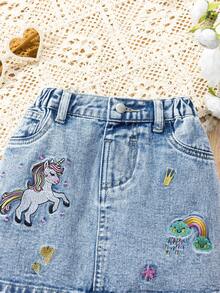 SHEIN Váy jean denim cho bé gái, kiểu dáng mới mùa xuân thu, váy denim xanh nhạt thêu cầu vồng dễ thương, chất liệu cotton denim thoải mái, đa năng cho đi học và đi làm, váy denim cho bé gái. - Rửa trung bình - Xem 3