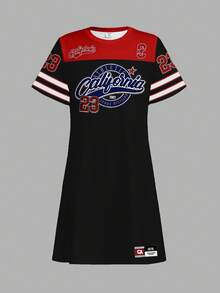 少女休闲运动甜美学院风数字字母印花条纹撞色短袖连衣裙，夏季