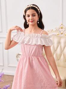 SHEIN Elladie kids 1pc Tween Girl Casual Chiffon Off-Shoulder Ruffle Beaded Design Adjustable Dress, Simple Elegant Princess Dress For Outings And Vacation, Pink - Pink - View 6