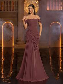 Glamrae 优雅简约的构成主义露肩领口，饰以睫毛蕾丝花边，垂坠薄纱裙摆，女士正式晚礼服，正式连衣裙，轻盈网纱连衣裙 - 藕粉色 - 查看 4