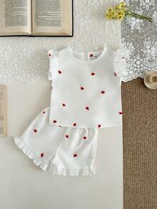 SHEIN Bộ 2 món cho bé gái 0-3 tuổi, áo thun tay ngắn và quần short, kiểu dáng thường ngày dễ thương, thích hợp cho mùa xuân/hè. - trắng - Xem 3