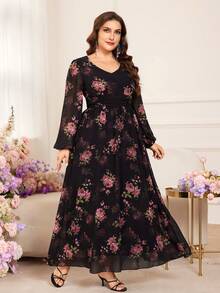 Modelyn Romantic Chiffon Floral Print Long Sleeve A-Line Maxi Dress, Plus Size, Spring/Summer - Multicolor - View 6