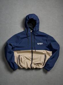 Manfinity Homme Loose Fit Men's Two-Tone Letter Graphic Drawstring Hooded Jacket - Navy Blue - View 3