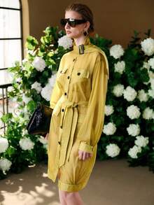 SHEIN Revavyn Women's Lightweight Trench Coat/Dress Made Of Glossy Nylon Fabric, Featuring A Stand-Up Collar, Wide Shoulders, Long Sleeves, A Full Row Of Buttons, And Cargo Pockets. Ideal For Everyday Wear And Commuting Valentine Outfits For Women Valentine's Day Vacation Outfits Women  Holiday Outfits For Women Casual Dresses For Women - Green - View 7