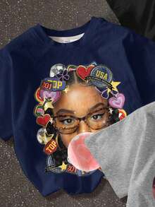 3件套少女休闲简约短袖圆领T恤，图案设计包括人像、洛杉矶手势、嘴唇等，颜色有灰色、蓝色、黑色可选，适合街头风、日常休闲穿着和时尚造型。 - 彩色 - 查看 4