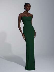 Chic Dark Green Knitted Fabric Bridesmaid Dress Strapless Sleeveless Maxi Mermaid Style Elegant Plain - Dark Green - View 4