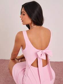 Enchnt Spring/Summer Romantic Women's Pink Big Bowknot Back Square Neck Sleeveless Fitted A-Line Mini Dress,Sweet&Elegant For Vacation&Date&Holiday&Going Out&Valentine's Day,Spring Outfit Women - Baby Pink - View 3
