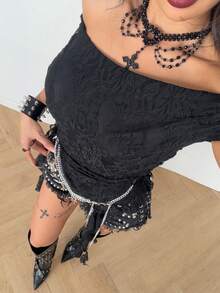 Coolane 女士休闲音乐节露肩网纱荷叶边不对称下摆上衣 - 黑色 - 查看 5