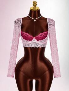 Amplova 2026 New Arrival Contrast Color Double Layer Lace Cup Bow Decor Lace Pink Bralette Long Sleeve Top - Multicolor - View 12