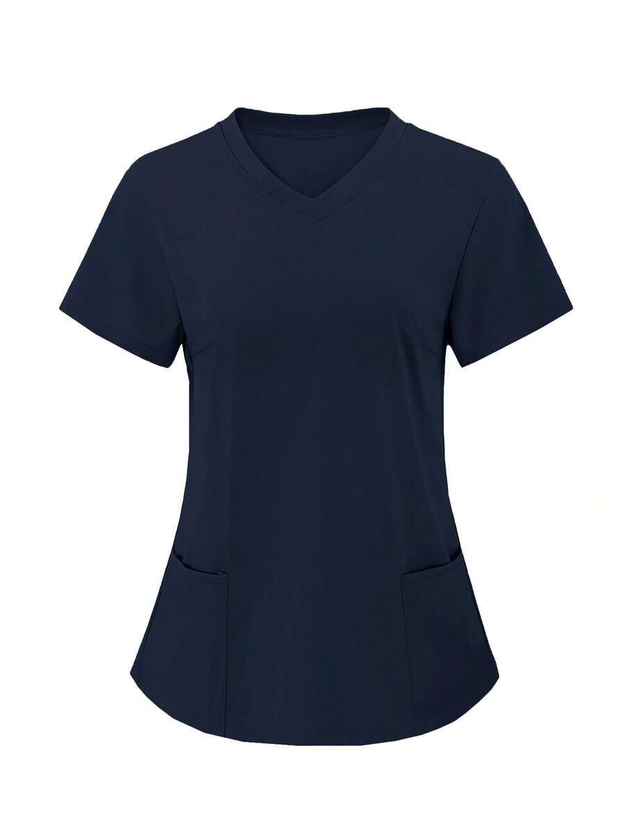 TaskEZ Solid Color Short Sleeve Double Pocket Scrub Uniform Top - Navy Blue - View 1