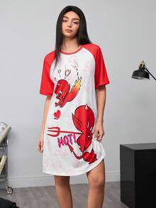 SHEIN HOT STUFF Women's Cartoon Heart Print Contrast Color Raglan Sleeve Loose Sleep Dress, Summer - Red and White - View 4
