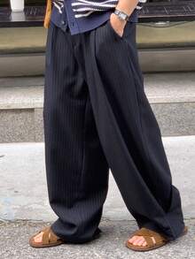 DAZY Navy Blue Striped Men's Suit Pants, Spring/Summer - Navy Blue - View 6