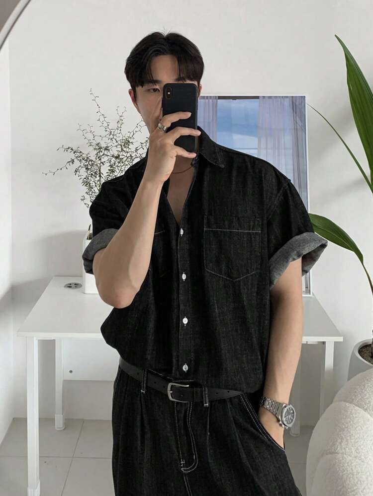 Men's Solid Dark Grey Denim Suit, Spring/Summer