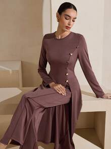 Graceveil 优雅的咖啡色长袖阿拉伯女式服装 - 咖啡棕 - 查看 7