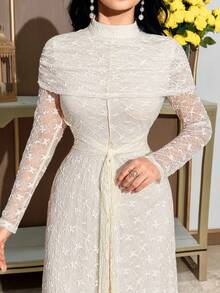 Feyla 女士纯色立领长袖优雅收腰连衣裙 - 杏色 - 查看 2