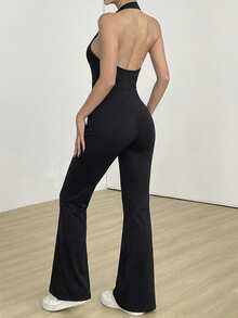 FavEase Black Deep V-Neck Backless Cinched Waist Slit Wide Leg Jumpsuit, Women's Spring/Summer , Fashionable Minimalist, Versatile For Commute, Sexy Party, Vacation, Beach, Casual, Retro, Daily Wear - Black - View 2