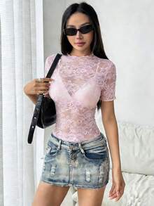 EgrlEra Women's Sexy Sheer Lace Short Sleeve Fitted Blouse, Summer - Baby Pink - View 4