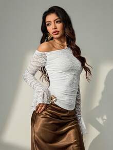 Bluhae Elegant Fashionable Sexy Elegant Women's Fitted Asymmetric Ruched 3D Floral Decor Button Oblique Shoulder Autumn/Winter Ruched Hollow Lace Long Sleeve T-Shirt, Lace Randomly Cut